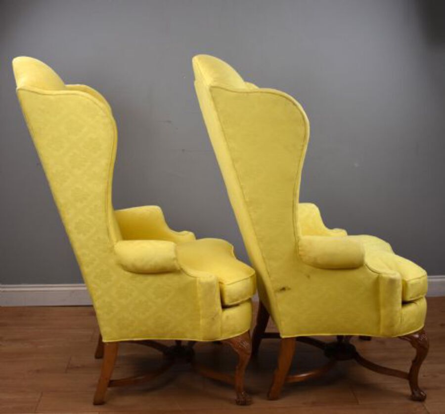 Antique Pair of Queen Anne Style Wing Back Armchairs