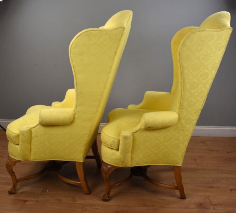 Antique Pair of Queen Anne Style Wing Back Armchairs