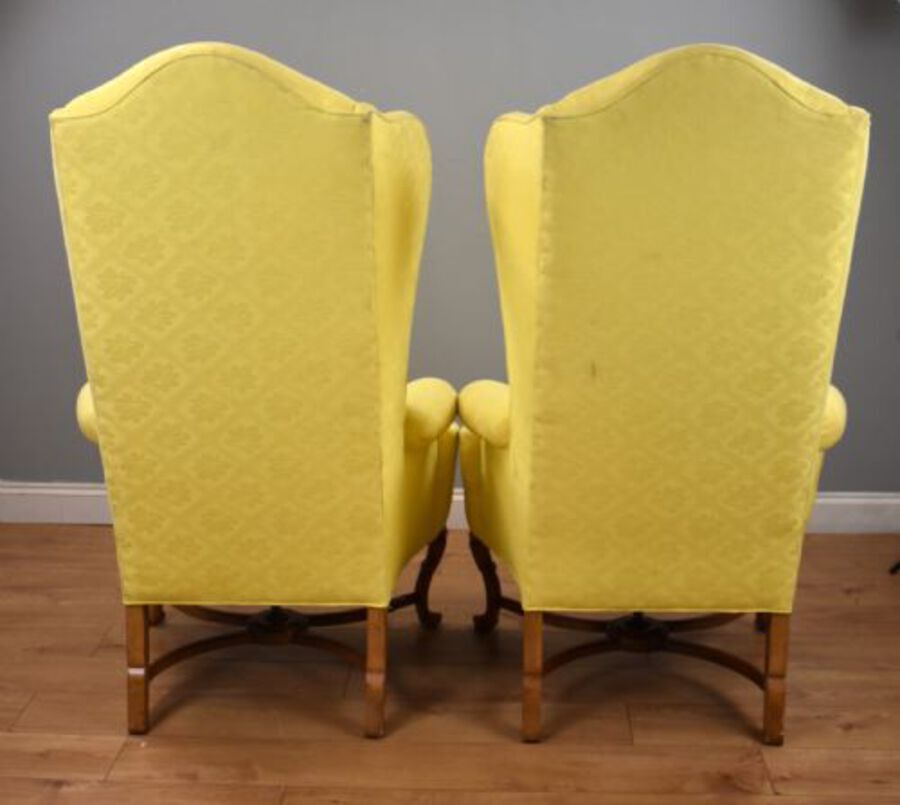 Antique Pair of Queen Anne Style Wing Back Armchairs