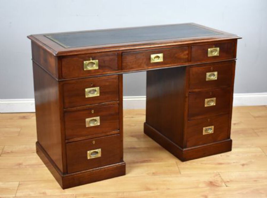 Antique Mahogany Campaign Style Pedestal Desk