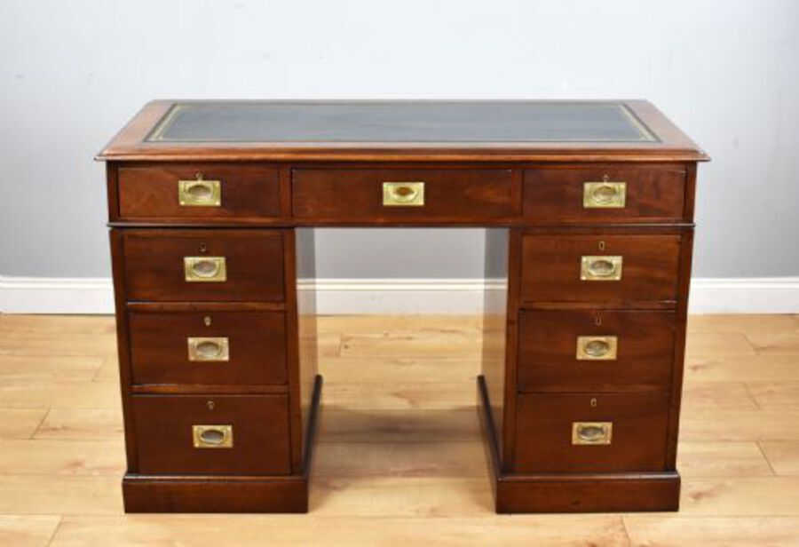 Antique Antique Mahogany Campaign Style Pedestal Desk