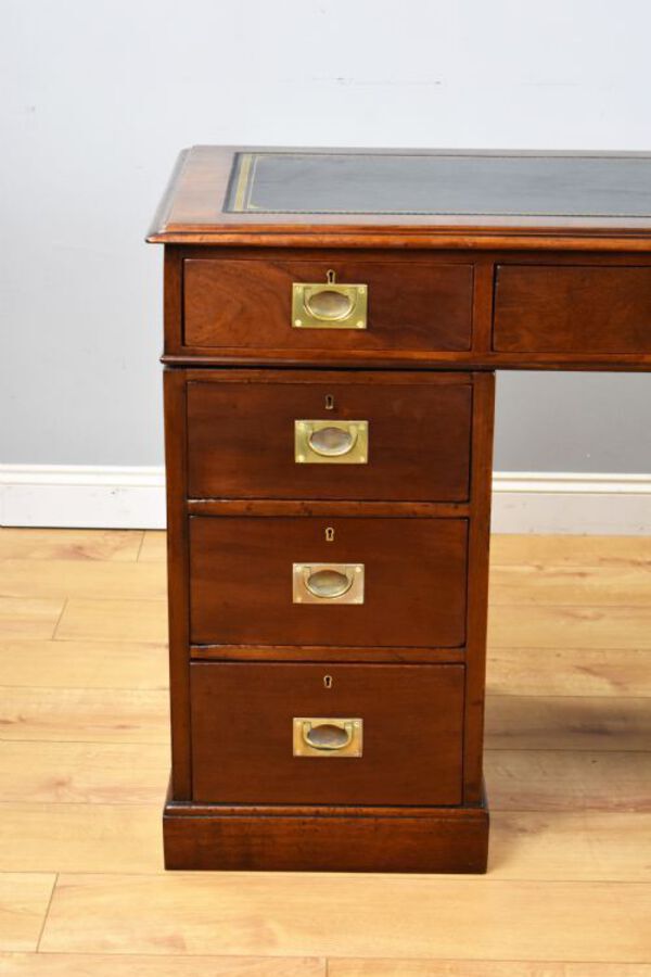 Antique Antique Mahogany Campaign Style Pedestal Desk