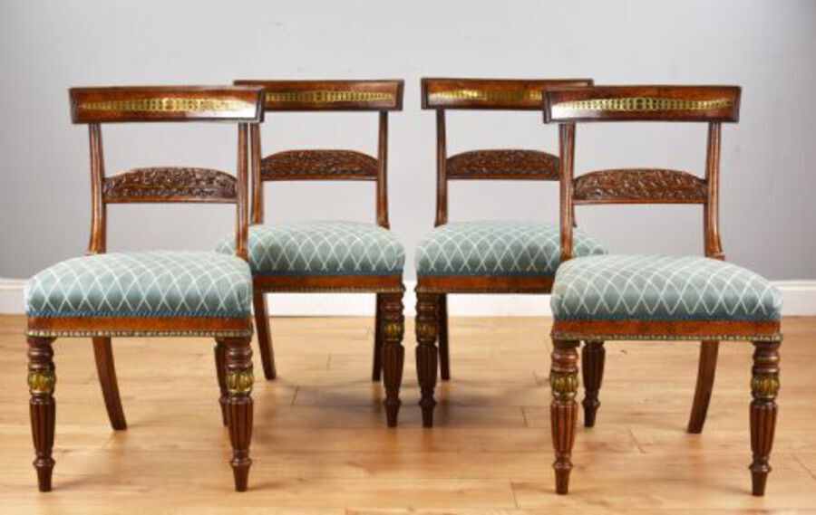 Set of 4 Regency Pollard Oak and Brass Inlaid Dining Chairs