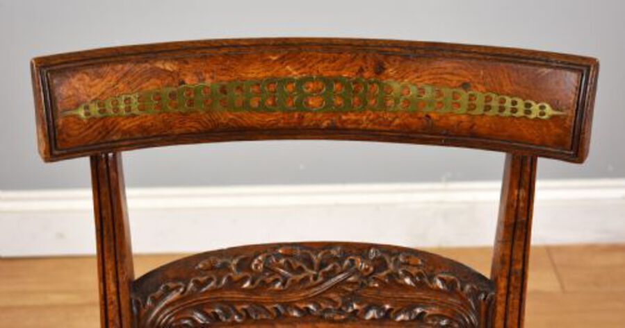 Antique Set of 4 Regency Pollard Oak and Brass Inlaid Dining Chairs