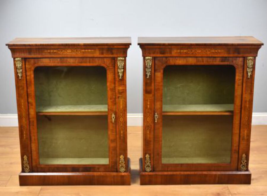 Antique Pair of Victorian Walnut Inlaid Pier Cabinets