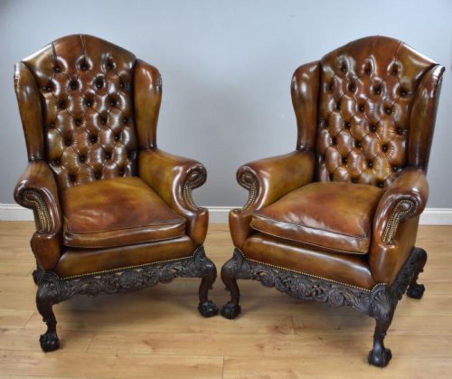 Pair of Victorian Hand Dyed Leather Wing Back Armchairs