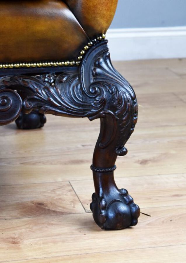 Antique Pair of Victorian Hand Dyed Leather Wing Back Armchairs
