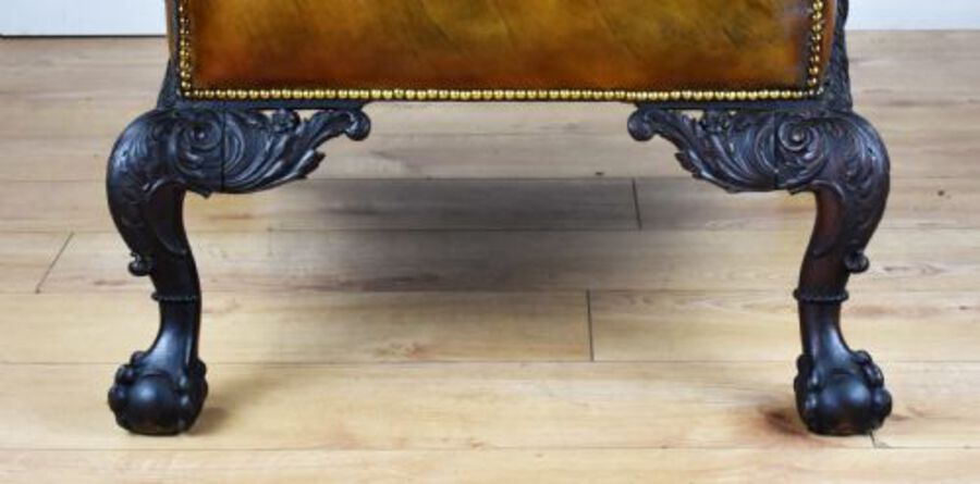 Antique Pair of Victorian Hand Dyed Leather Wing Back Armchairs
