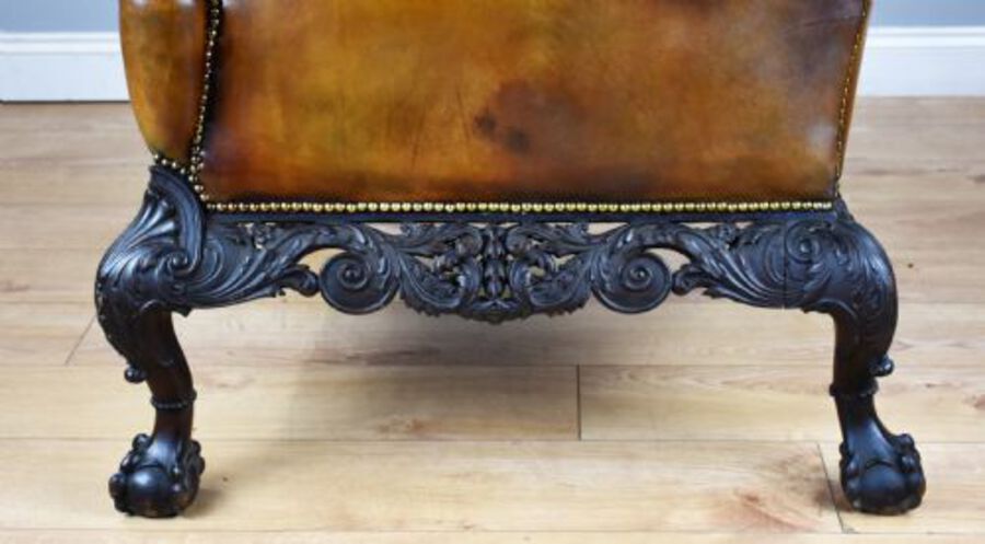 Antique Pair of Victorian Hand Dyed Leather Wing Back Armchairs