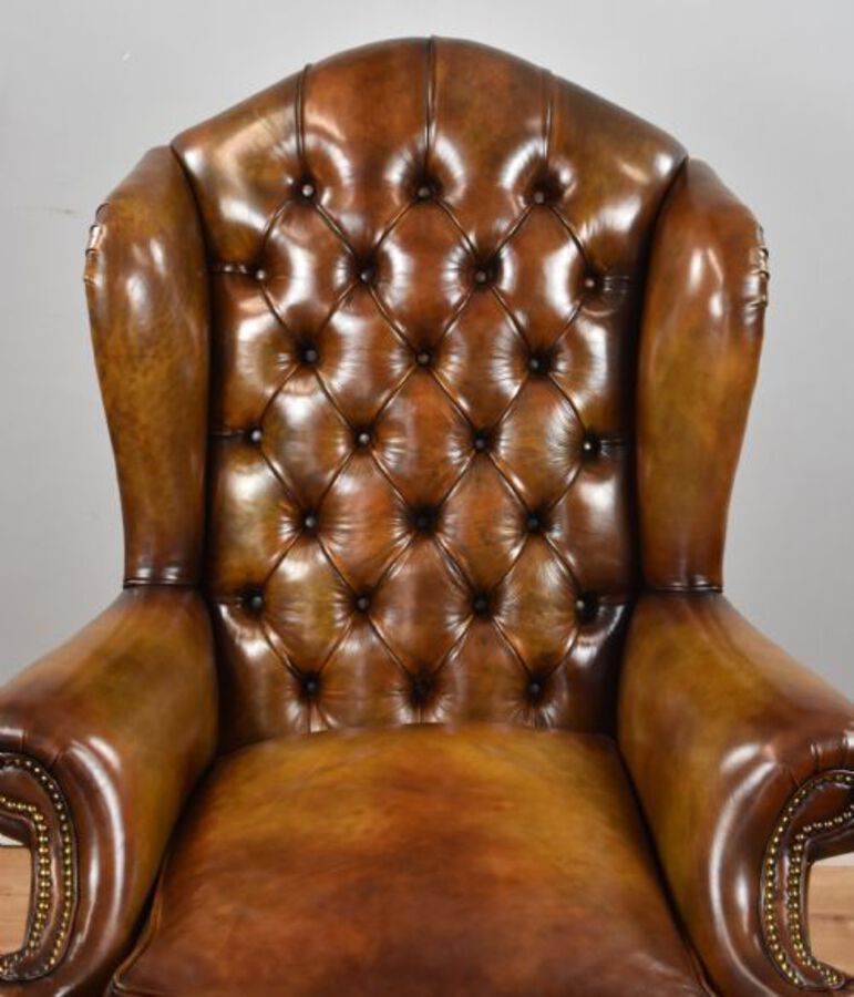 Antique Pair of Victorian Hand Dyed Leather Wing Back Armchairs