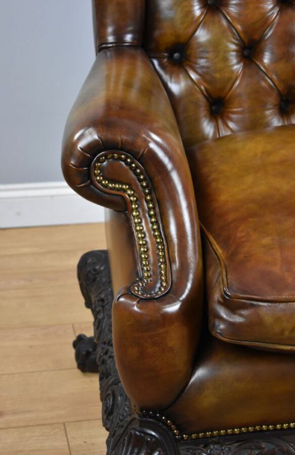 Antique Pair of Victorian Hand Dyed Leather Wing Back Armchairs