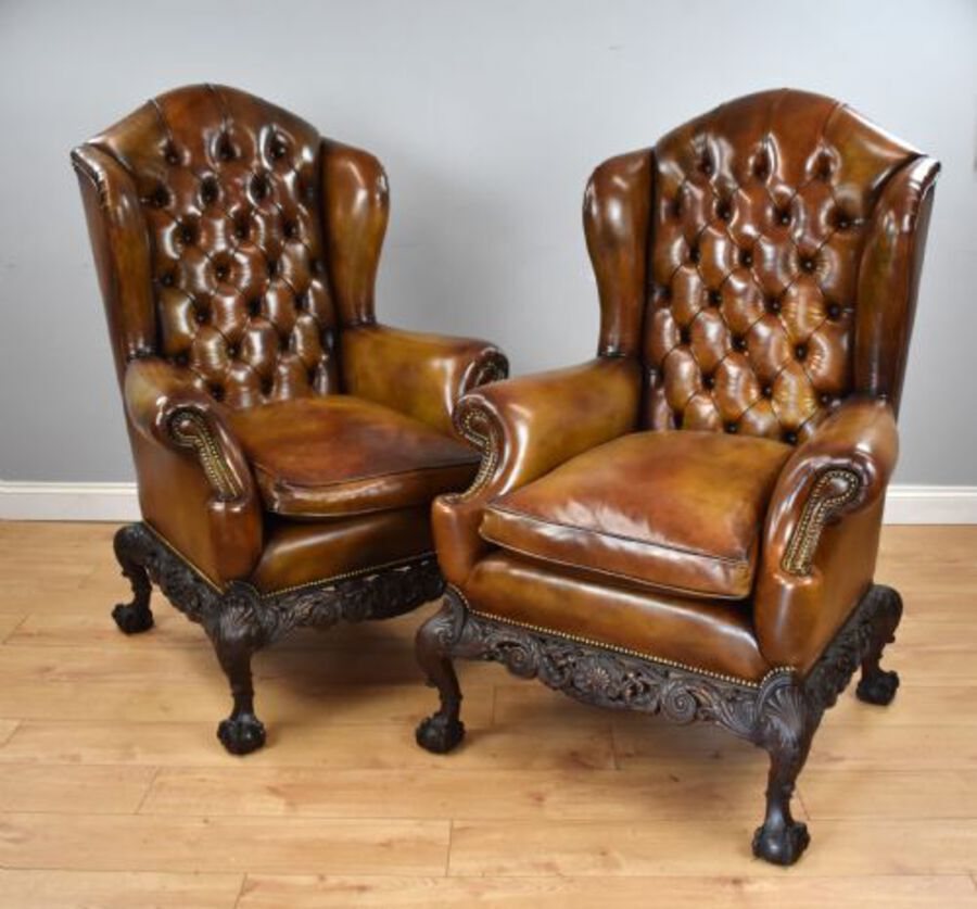 Antique Pair of Victorian Hand Dyed Leather Wing Back Armchairs