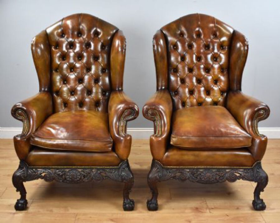 Antique Pair of Victorian Hand Dyed Leather Wing Back Armchairs
