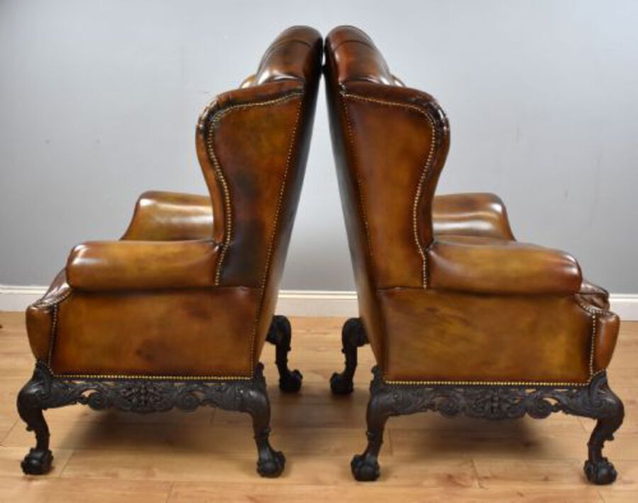 Antique Pair of Victorian Hand Dyed Leather Wing Back Armchairs