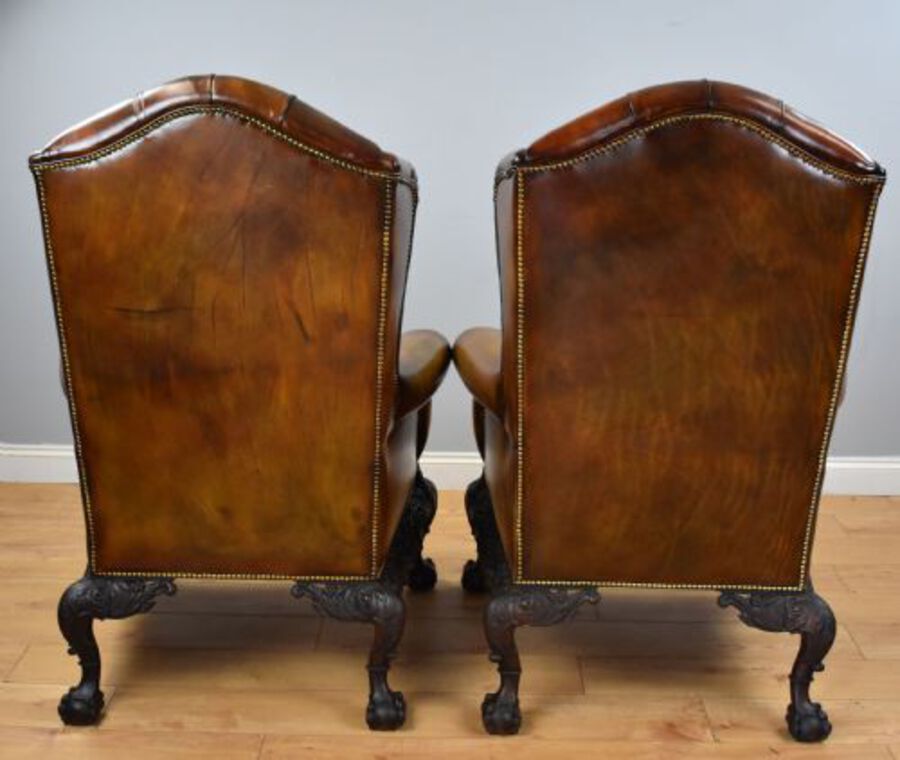 Antique Pair of Victorian Hand Dyed Leather Wing Back Armchairs