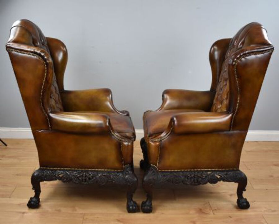 Antique Pair of Victorian Hand Dyed Leather Wing Back Armchairs