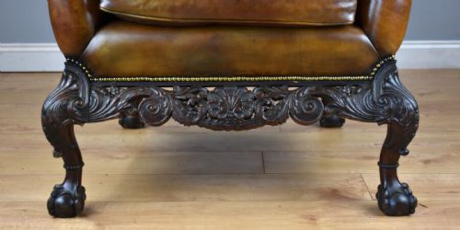Antique Pair of Victorian Hand Dyed Leather Wing Back Armchairs
