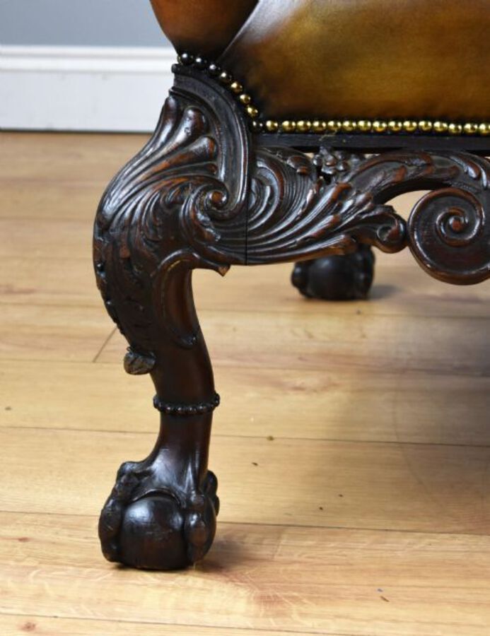 Antique Pair of Victorian Hand Dyed Leather Wing Back Armchairs