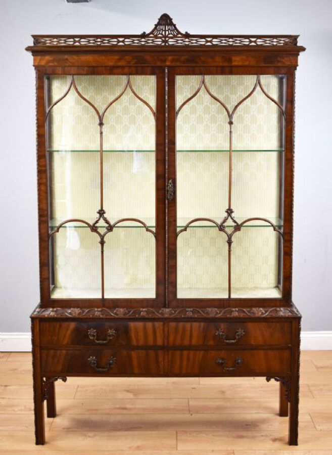 Antique Flame Mahogany Chinese Chippendale Style Display Cabinet