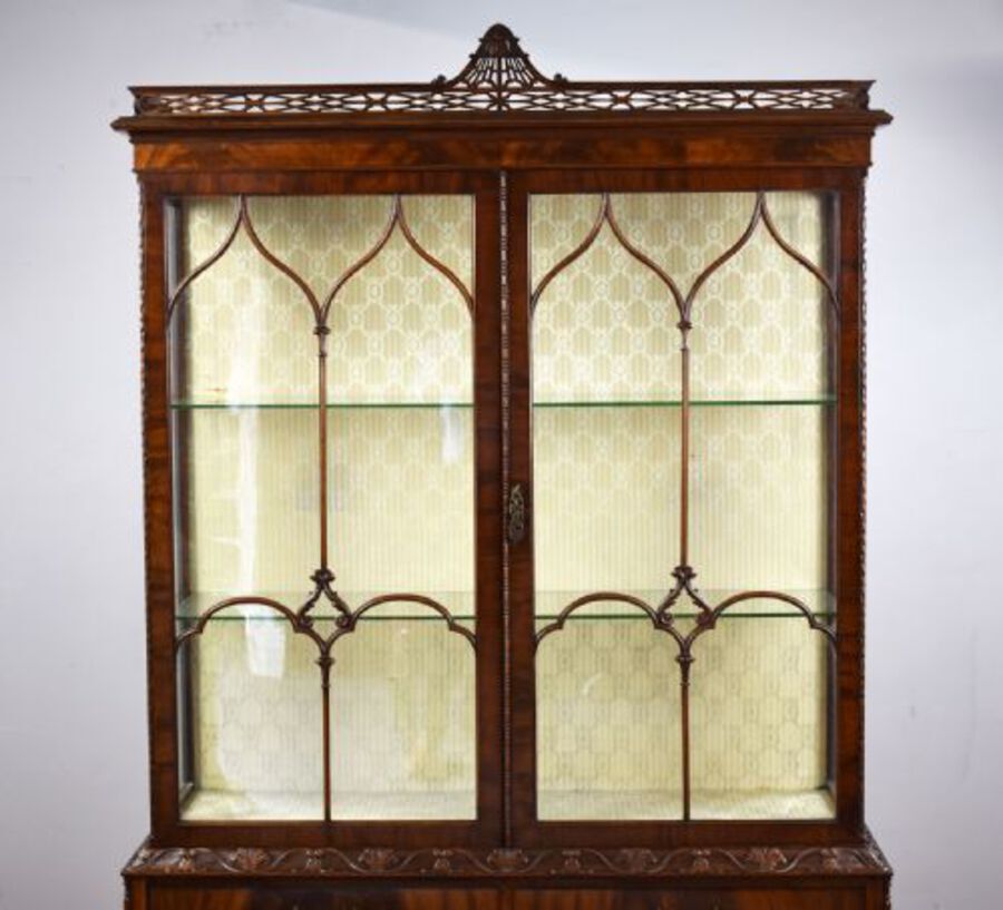 Antique Flame Mahogany Chinese Chippendale Style Display Cabinet