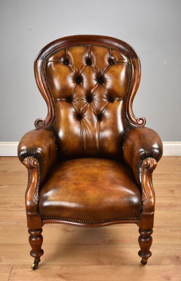 Antique Victorian Mahogany Hand Dyed Leather Armchair
