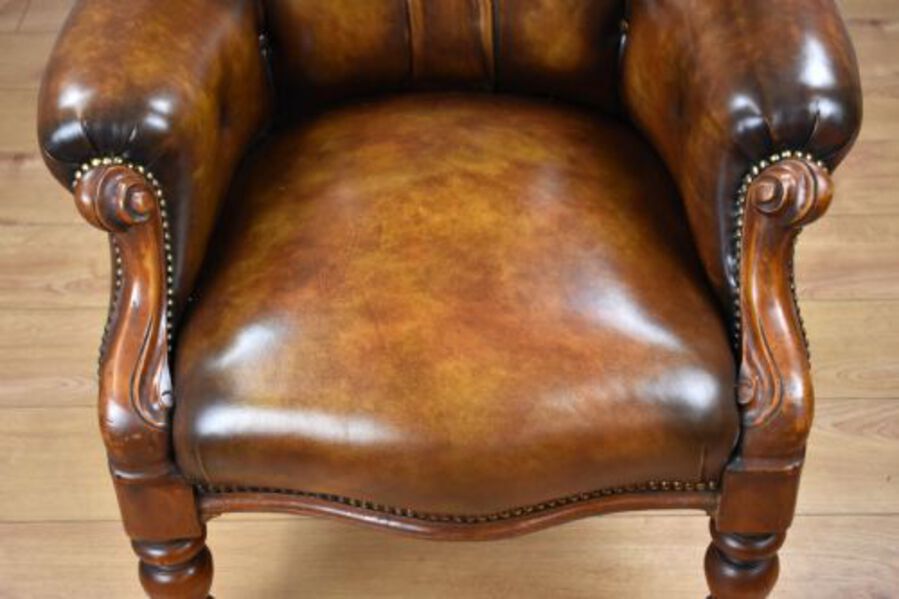 Antique Victorian Mahogany Hand Dyed Leather Armchair