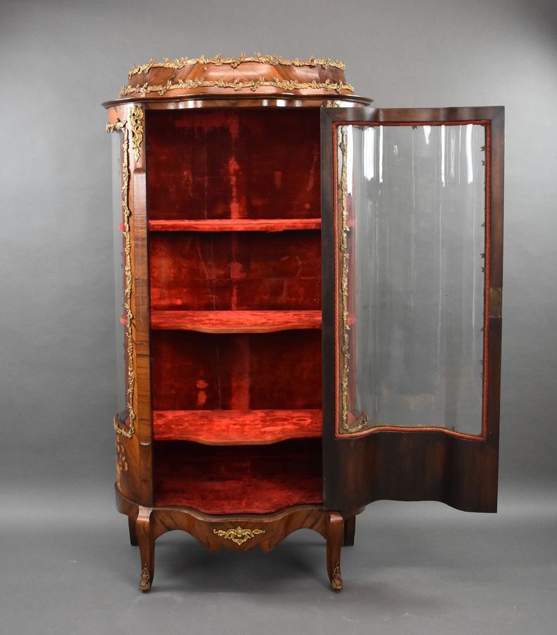 Antique 19th Century French Rosewood & Marquetry Serpentine Vitrine