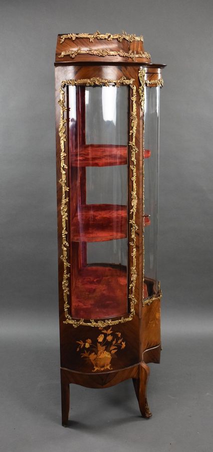 Antique 19th Century French Rosewood & Marquetry Serpentine Vitrine