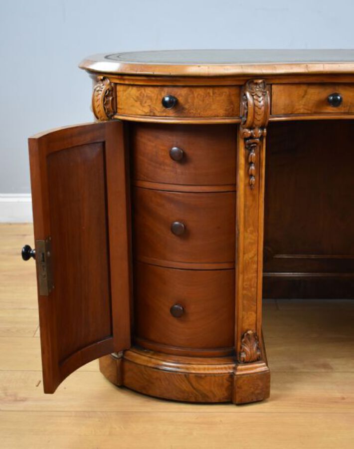 Antique Victorian Burr Walnut Kidney Shaped Desk