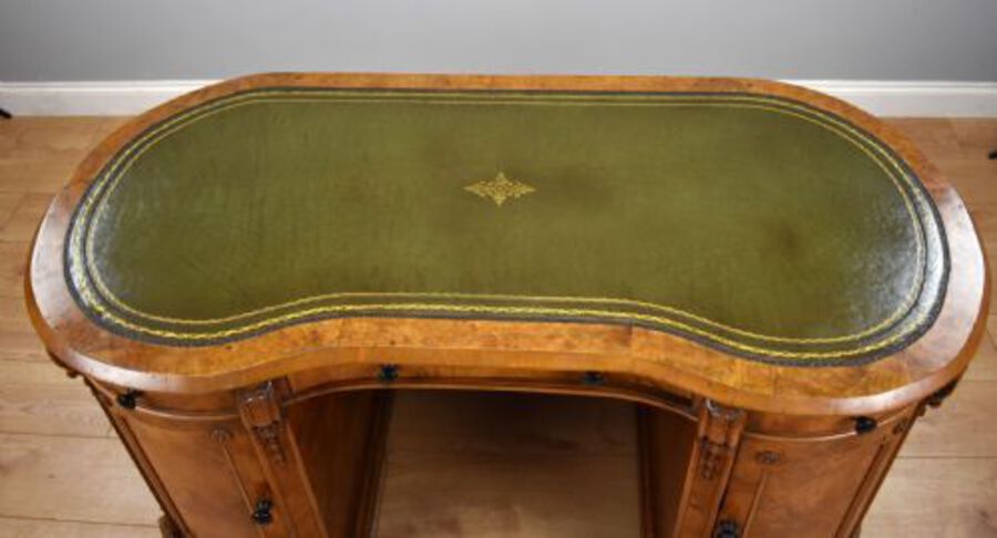 Antique Victorian Burr Walnut Kidney Shaped Desk