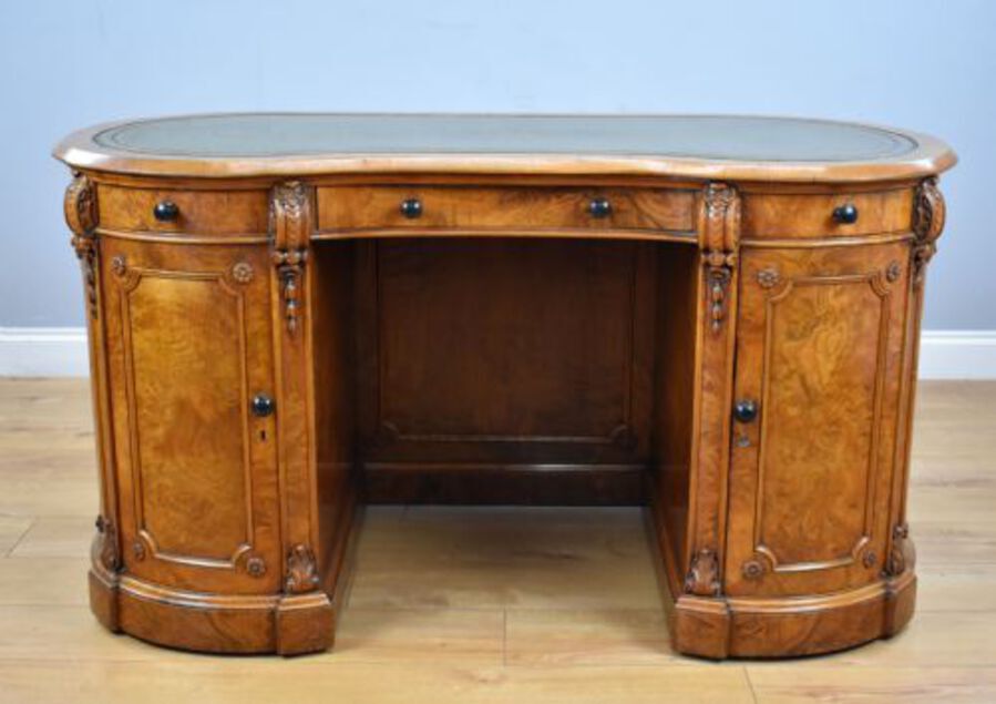 Antique Victorian Burr Walnut Kidney Shaped Desk
