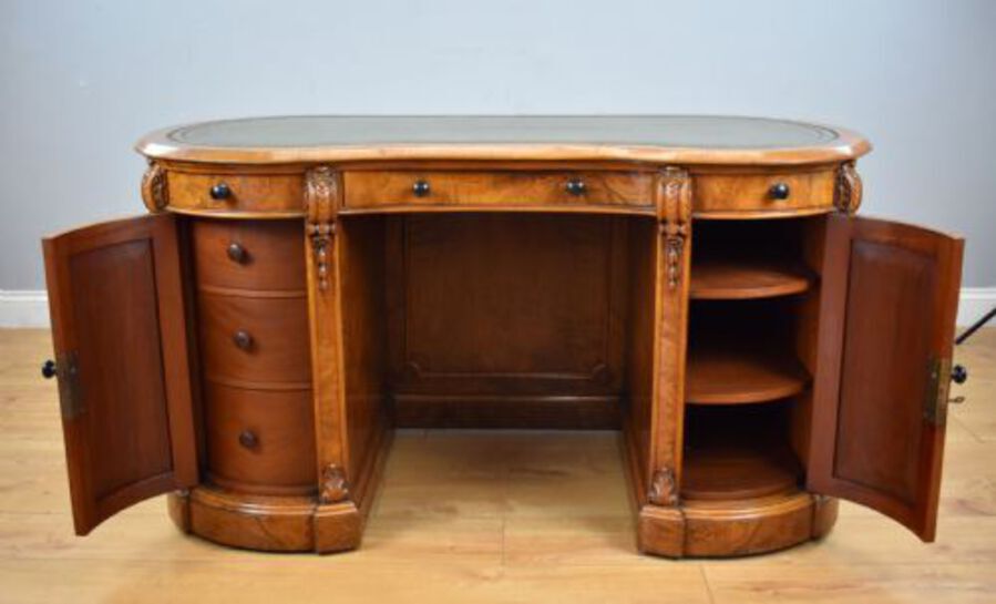 Antique Victorian Burr Walnut Kidney Shaped Desk