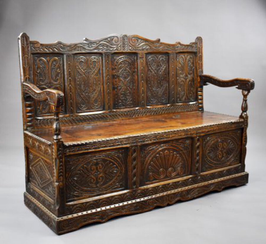 19th Century Carved Oak Bench