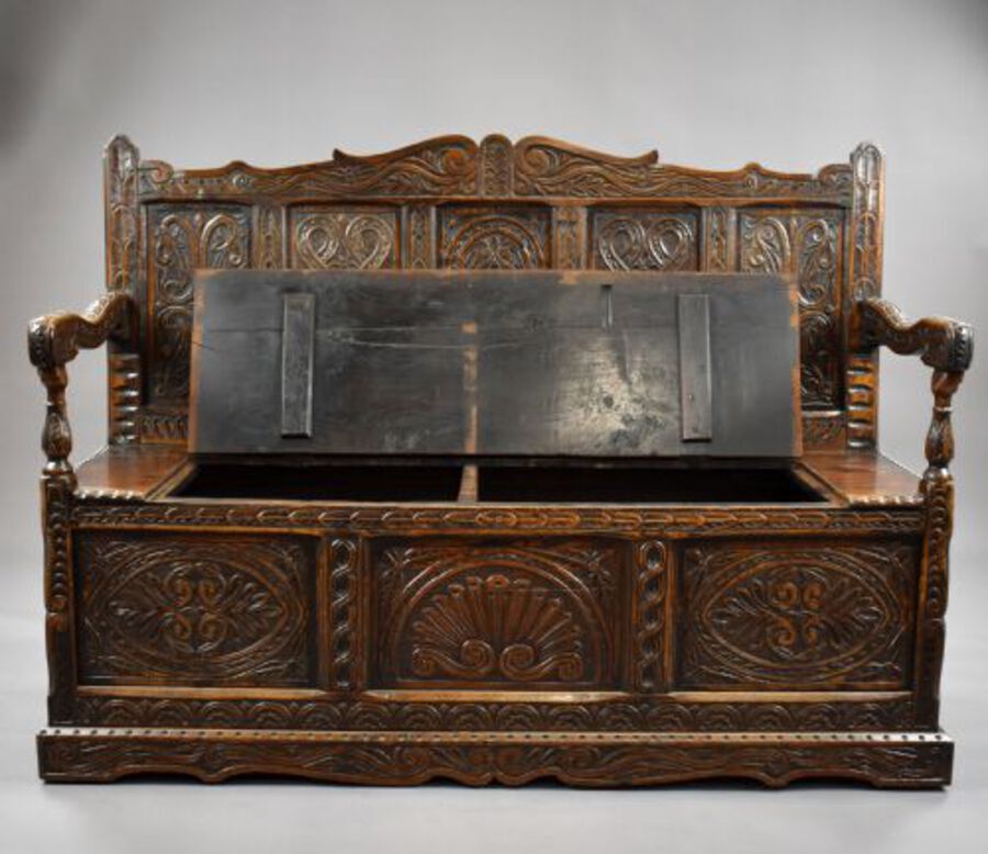 Antique 19th Century Carved Oak Bench
