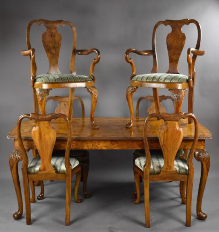 Queen Anne Style Burr Walnut Table &amp; Chairs