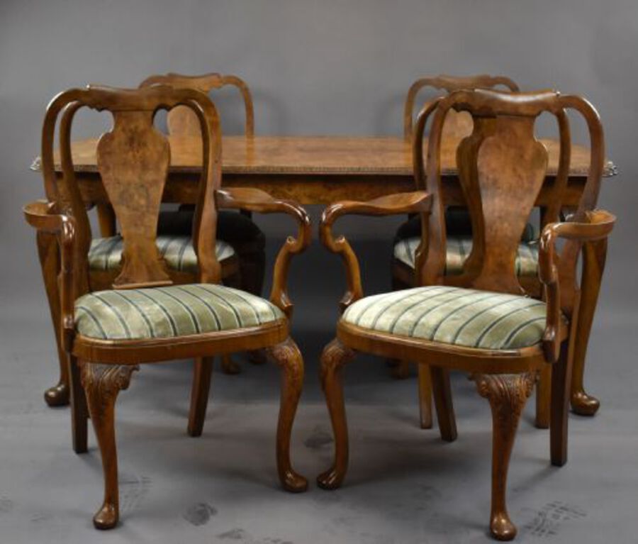 Antique Queen Anne Style Burr Walnut Table & Chairs