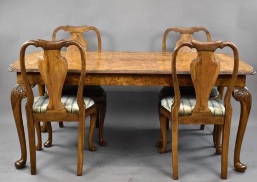Antique Queen Anne Style Burr Walnut Table & Chairs