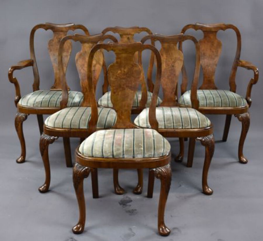 Antique Queen Anne Style Burr Walnut Table & Chairs