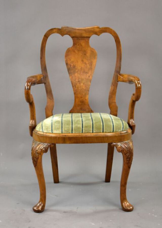 Antique Queen Anne Style Burr Walnut Table & Chairs