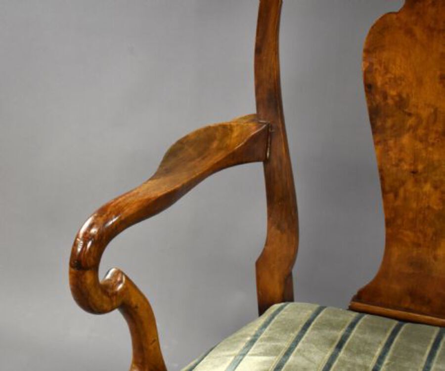 Antique Queen Anne Style Burr Walnut Table & Chairs