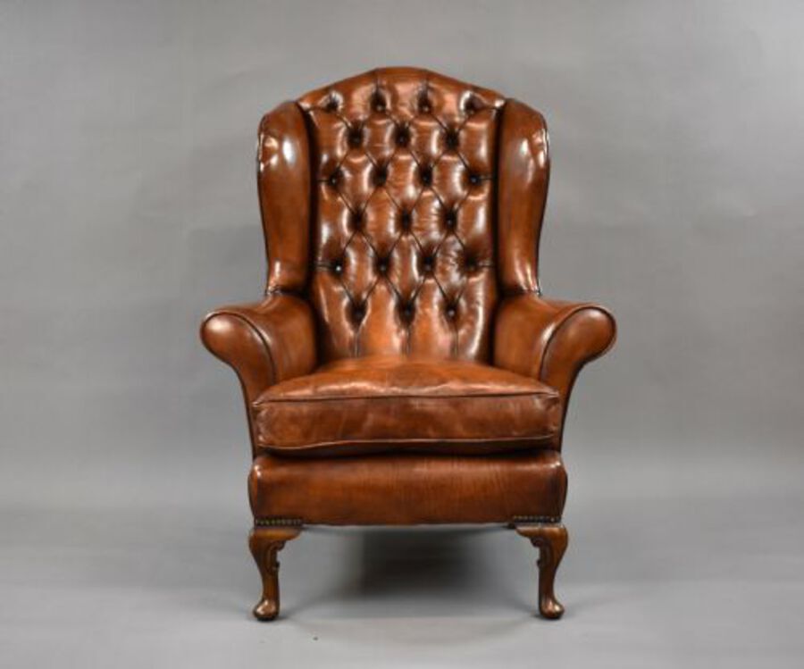 Antique Edwardian Hand Dyed Leather Wing Back Armchair