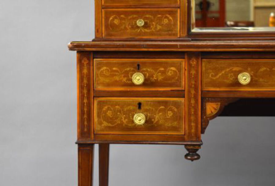 Antique Victorian Mahogany and Marquetry Writing Table by Jas Shoolbred