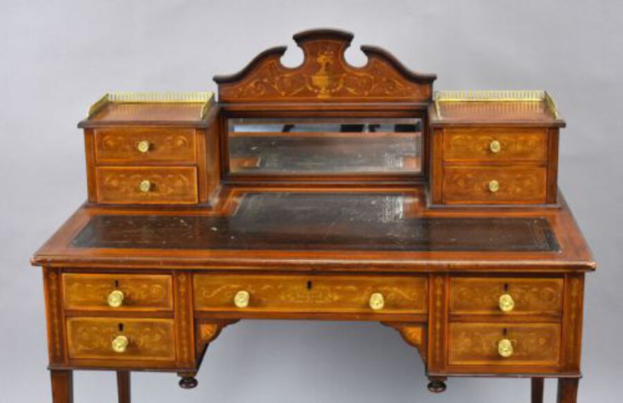 Antique Victorian Mahogany and Marquetry Writing Table by Jas Shoolbred