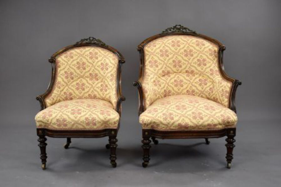 Antique Victorian Rosewood Ladies and Gentleman Armchairs