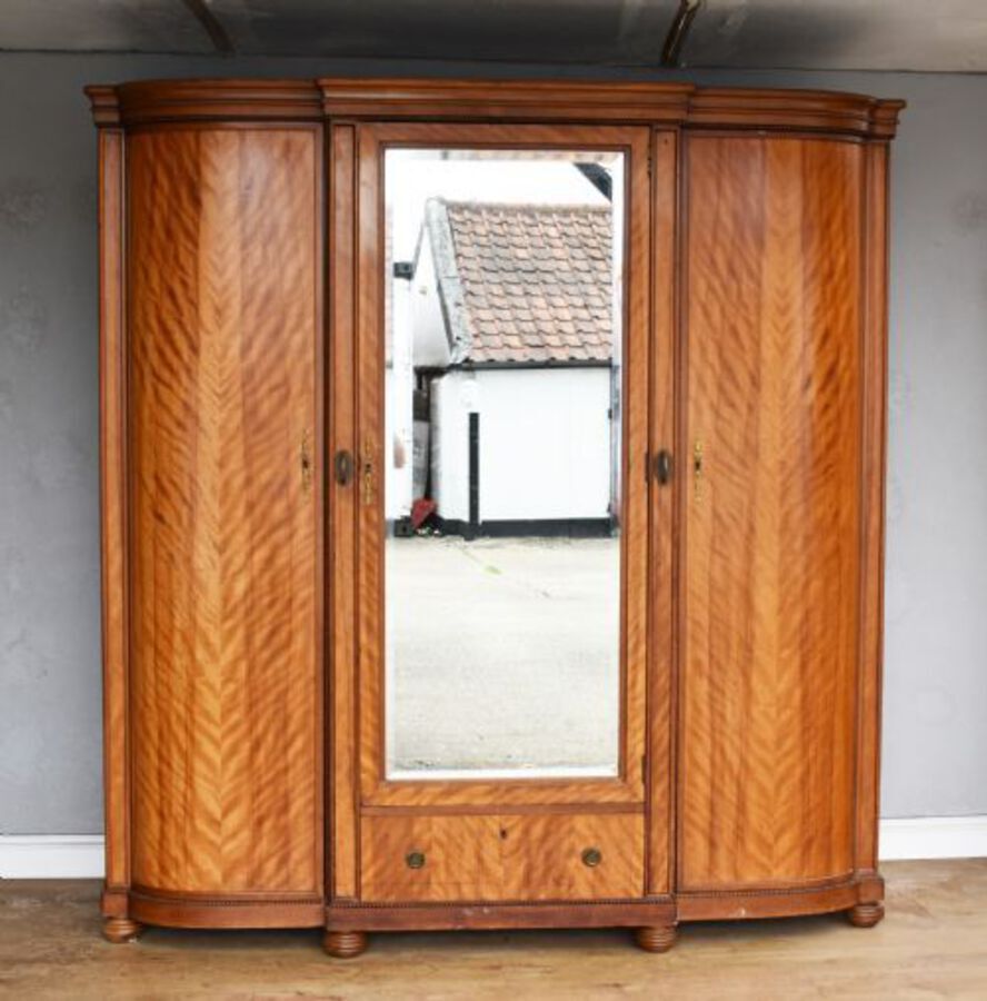 Antique Three Door Satin Birch Bow Front Wardrobe