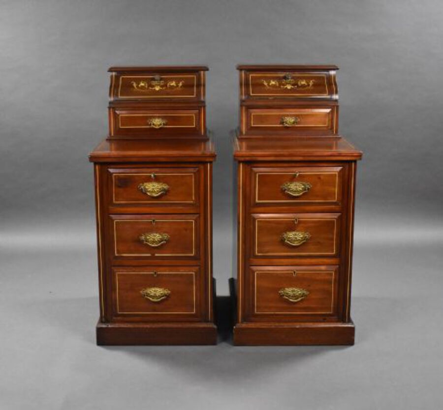 Antique Pair Victorian Inlaid Mahogany Bedsides