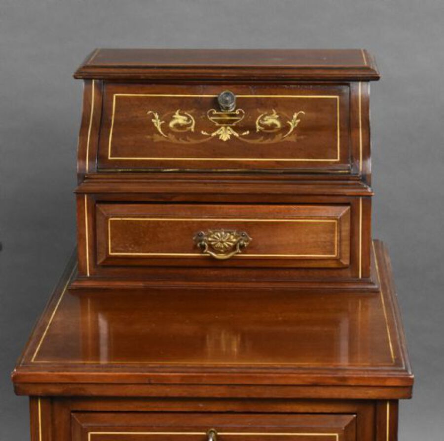 Antique Pair Victorian Inlaid Mahogany Bedsides