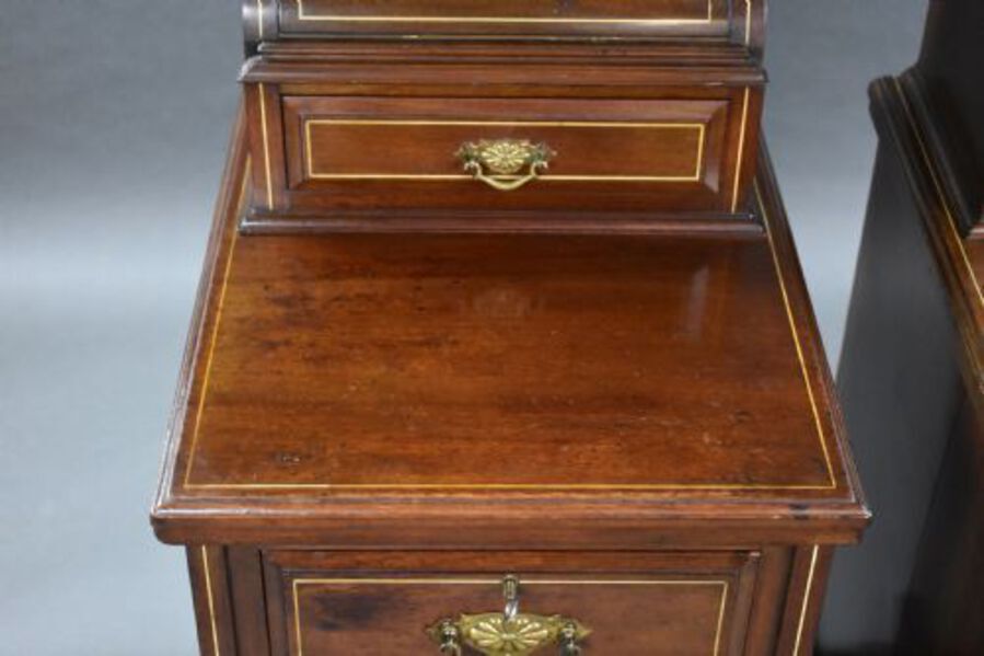 Antique Pair Victorian Inlaid Mahogany Bedsides