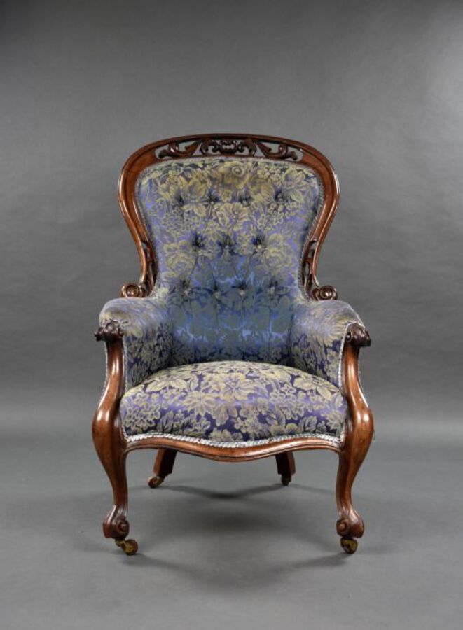 Antique Victorian Carved Walnut Open Armchair