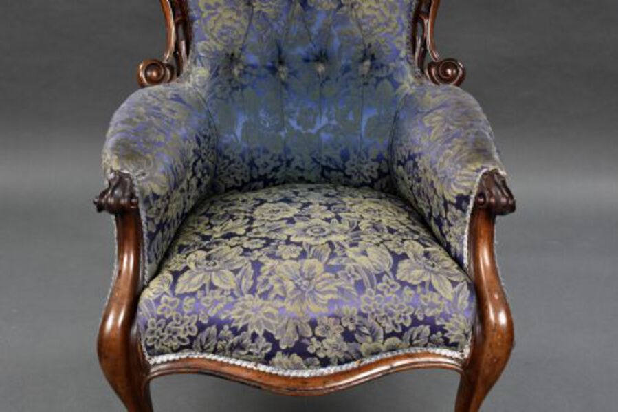 Antique Victorian Carved Walnut Open Armchair